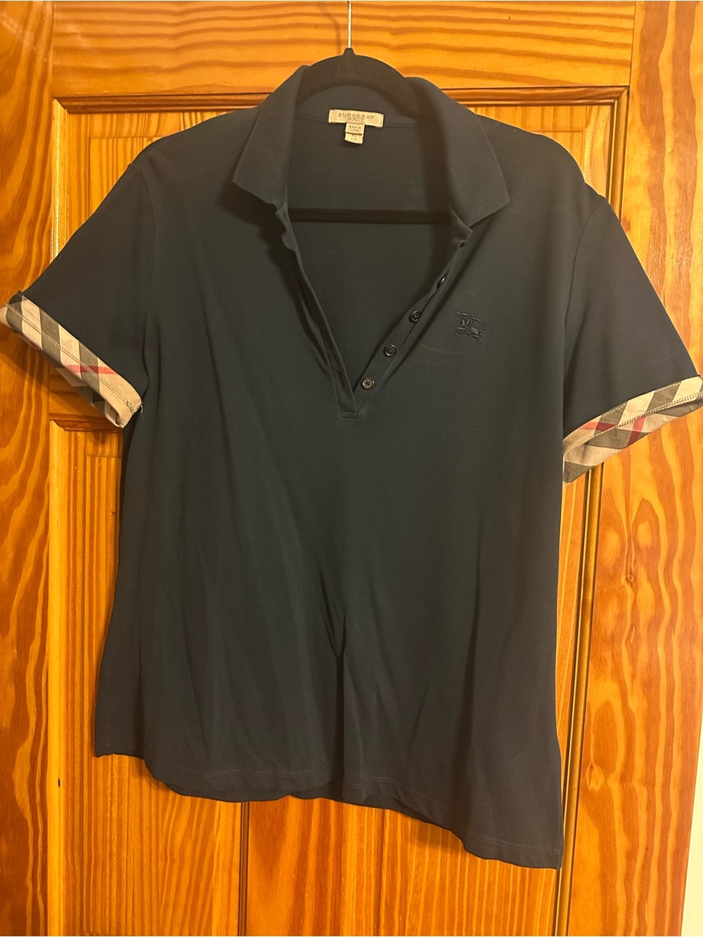 Burberry Navy Polo with Check-Trim Sleeves